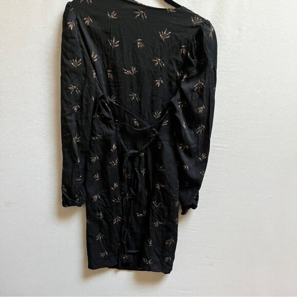 Rachel Mona Long Sleeve A Line Dress Black Leaf Print Tie Back Sz M - Picture 3 of 13